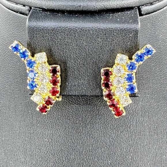 Vintage Kramer New York Red/White/Blue Rhinestone Gold Tone Clip Earrings - Picture 1 of 7